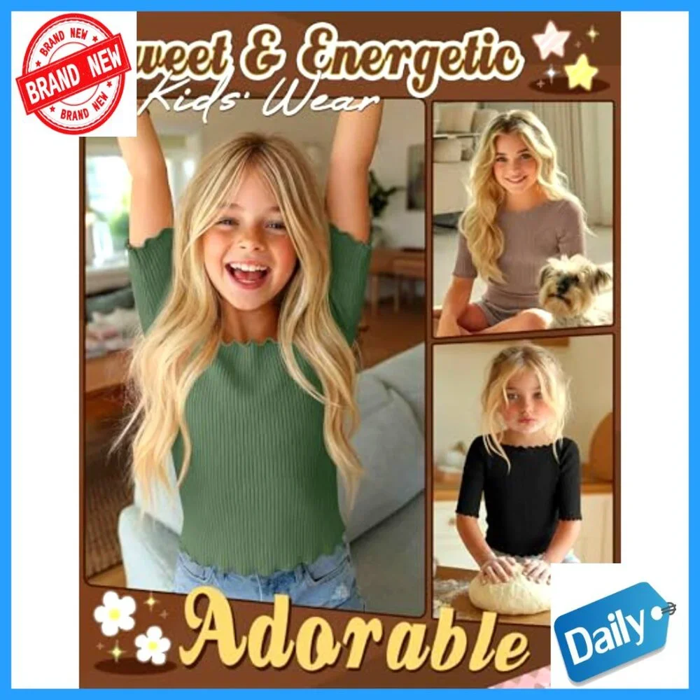 Girls Ribbed Half Sleeve Tees 3-Pack Boat Neck Lettuce Trim Tops Ages 5-16